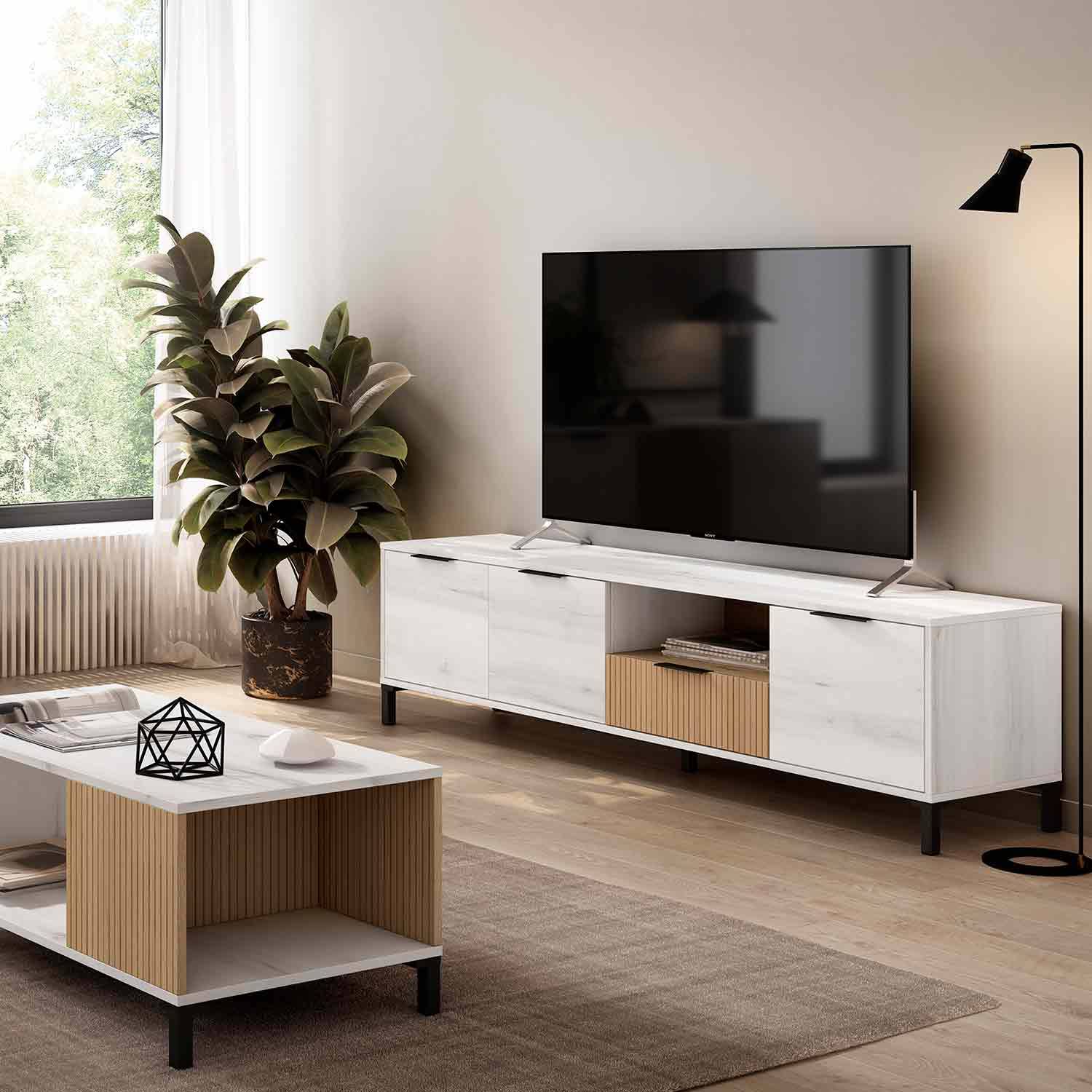 Meuble TV Cengalo, Buffet bas de salon, Buffet de salon pour télévision,  164x39h49 cm, Chêne Nœuds et Anthracite